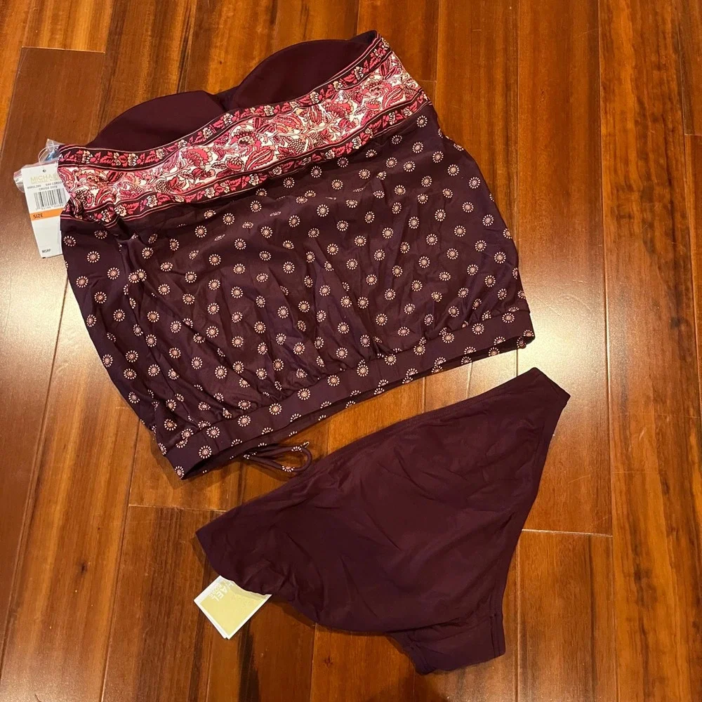 Michael Kors Tankini Swim Set Cordovan Floral Paisley 2 Piece Convertible New‎ S